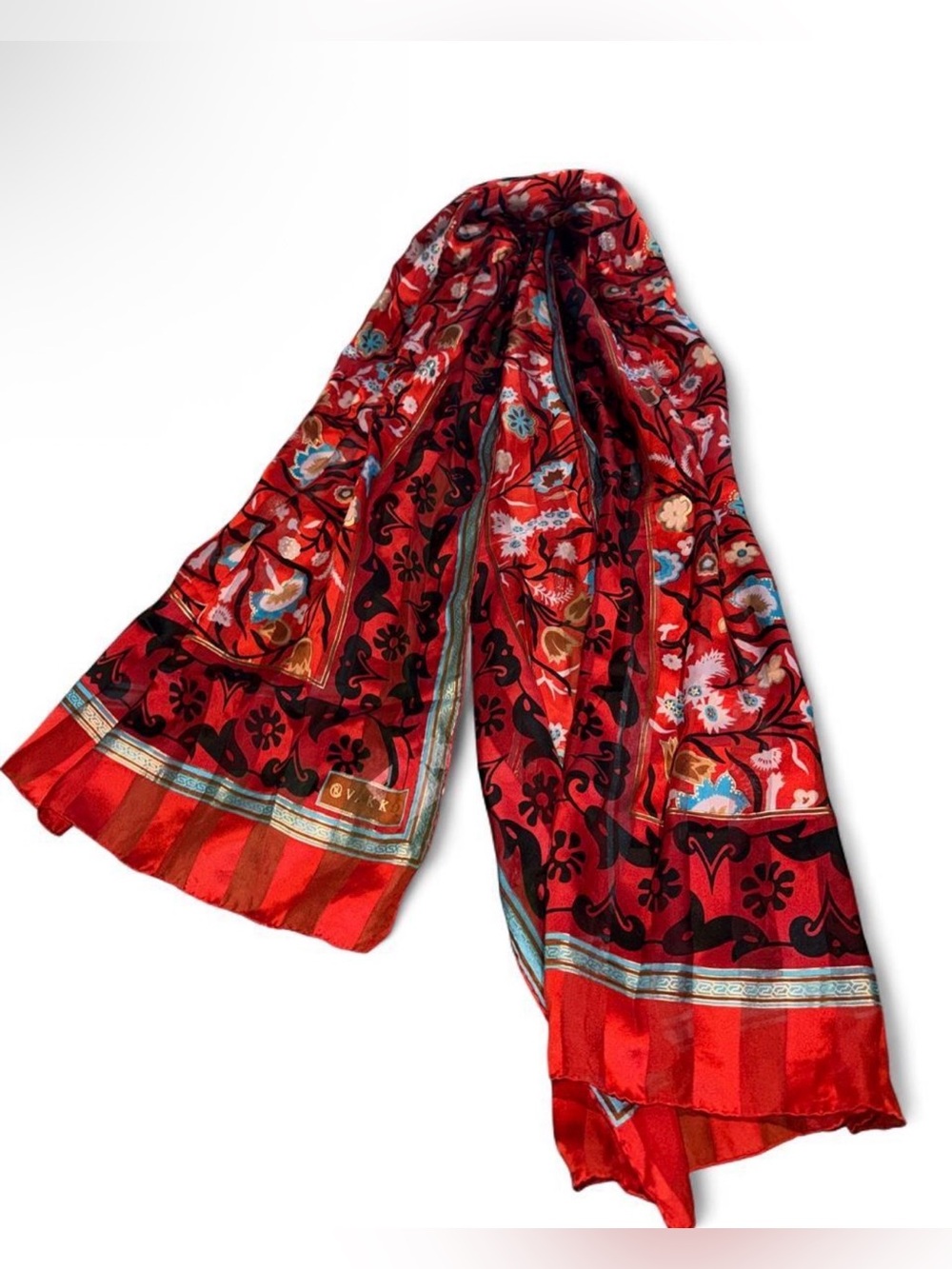 Vakko Red Floral 100% silk Scarf with Multicolor Accents